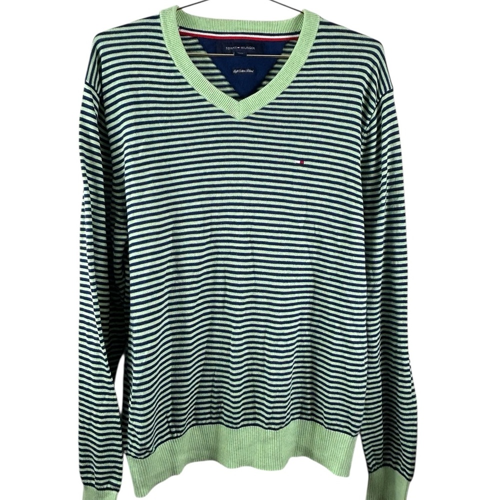 Tommy Hilfiger Men's V-Neck Green and Navy Striped Sweater